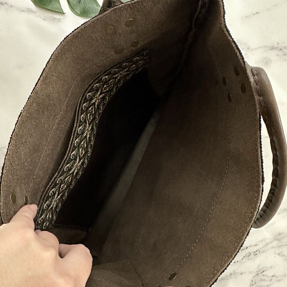 Unbranded Leather Tote Shoulder Bag Purse Dark Brown Woven Boho Trim Large - Picture 11 of 12